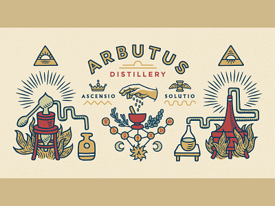 Arbutus Distillery — Mural Art alchemy astrology branding distillery flat illustration mural tarot typography