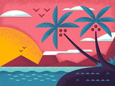 Tropics beach illustration island palm summer tree volcano water