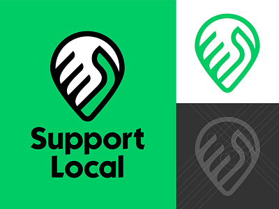 Support Local branding clever corporate covid19 flat green handshake icon identity local business location logo logo grid minimal modern pin shop small simple simple clean interface