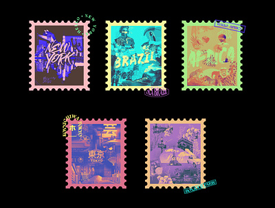 Stamp Design africa brazil card cities colors gradient map new york paris postal stamp design tokyo travel type