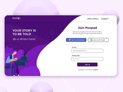 Sign up page for a Story writing website PenPad