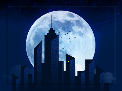 Moonlight city blue and yellow brightness city design illustration indark moonlight