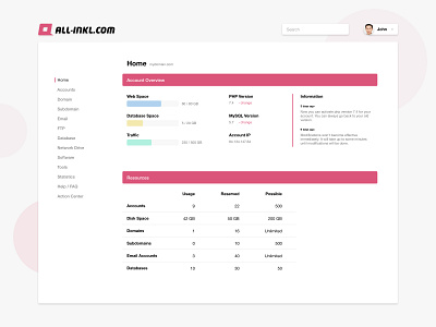 All-Inkl - Redesign of the KAS clean concept contrast dashboard design layout overview progressbar redesign refactoring search table web app webdesign webhosting white