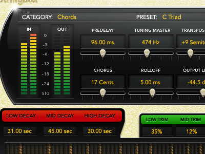 Stringbox Shot audio dj engineer fader gold interface meter music notes plug in reverb slider studio tabs ui ux