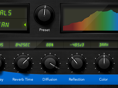 MPX Reverb Plug-In audio black blue gear gloss knob metal music plug reverb software studio ui ux vintage window