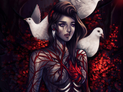 Aching Heart doves female girl hearts illustration painting