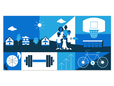 Abide Game Changer Illustration (final) barbell basketball basketball hoop bicycle bike blue building color scheme family illustration neighborhood nonprofit omaha sun