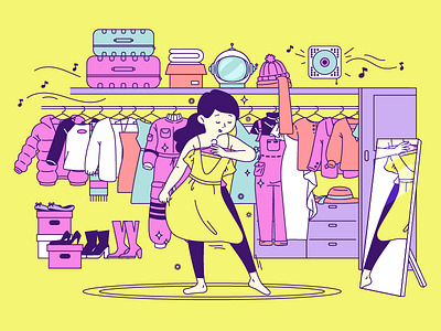 Girl trying on clothes astronaut box cd player closet clothes dress dresser girl girl character girl illustration girly happy hat high heel mirror music shoes suitcase tower