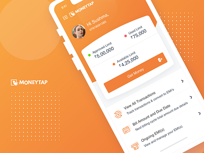 Money Tap app card clean data design gradient interface ios iphone landing page manage minimal money app orange project transaction ui ux