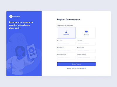 Samson dribble illustration product register form register page uidesign uxdesign