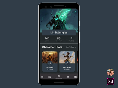 Stats Screen - Digital Character Sheet Mobile App app character dd design dungeons dragons game mobile sheet tabletop ui ux