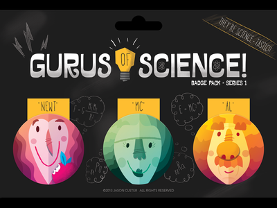 Gurus of Science - Series 1 badges cartoon illustration packaging pins scientist