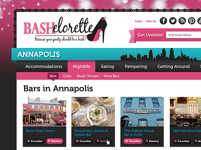 Bash bachelorette city cityscape feminine layout pink sassy sparkly ux web webdesign website