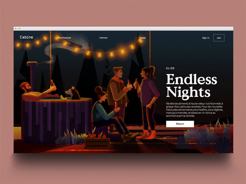 Cheers! cheers! party cabin nature illustration landing page gif motion ui animation