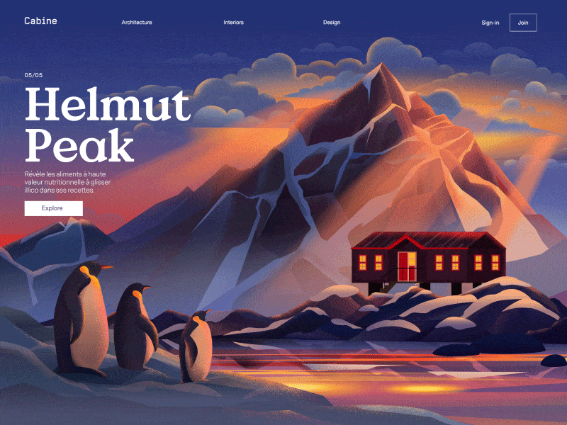 H E L M U T 2 animated transition animation gif ice illustration landing page motion mountain parallax penguins snow ui winter