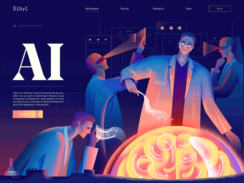S Y B I L web design lab scientists science machine intelligence brain simulation chatbot robotics machine learning blockchain artificial intelligence ai parallax landing page animated transition motion animation ui