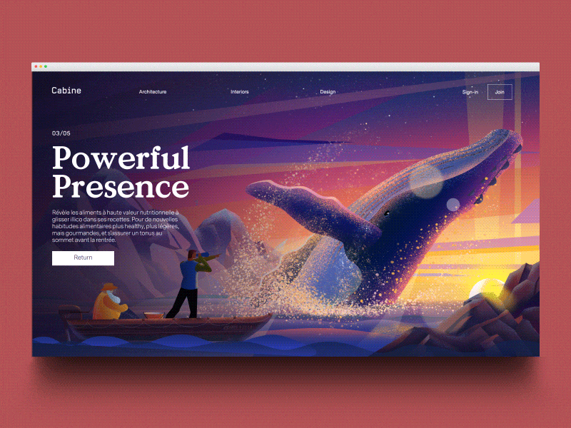 Cabine003 parallax winter snow whalewatching whale alaska nature cabin landing page animated transition gif motion animation ui