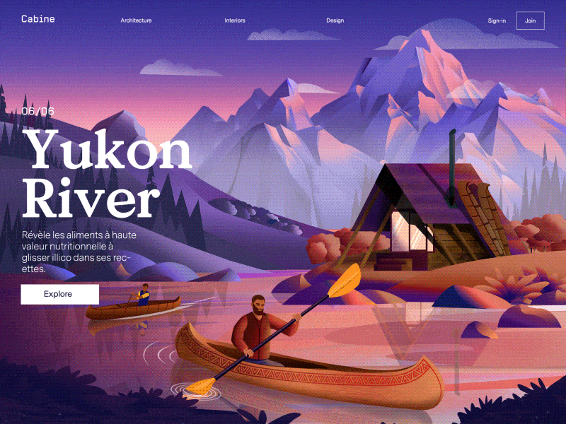 Cabine Yukon animation cabin canoe canoeing gif illustration landing page motion mountain nature parallax river ui yukon