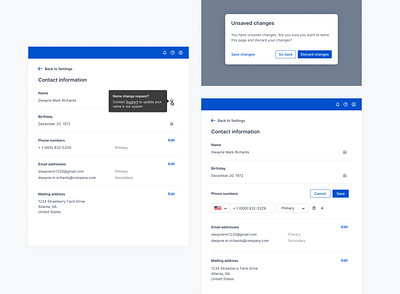 Contact Settings UI cancel contact dailyui design edit figma form modal product design save settings tooltip ui unsaved changes ux
