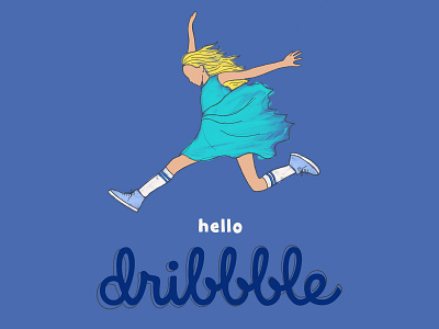 Hello Dribbble blue dress debut debut shot drawing first shot girl girl jumping hand drawn happy hello dribbble illustration little girl play running sketch