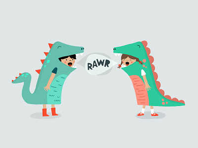 RAWR! boy and girl costume dino dinosaur friends fun illustration kids kids art kids in customs play rawr sister and brother