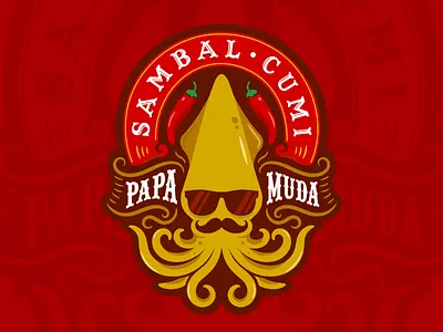 Sambal Cumi Papa Muda Logo Design badge chilli culinary emblem food inkscape logo masculine sauce spicy squid vintage