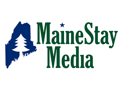 MaineStay Media logo blue branding gloucester mt extra condensed green logo maine media pine tree star tree umbrella unused concept