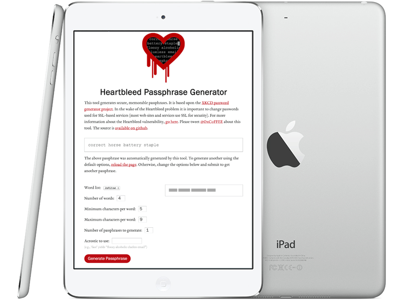 Heartbleed Passphrase Site on iPad