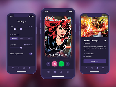 Date App for Superheroes app application date design ios iphone marvel profile settings superheroes ui uiux ux uxui