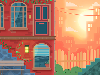 Sunset cartoon city house illustration street vector