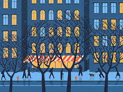 City Street andrius banelis illustration night people social street tree trees walk walking window windows