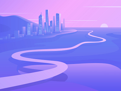 Way to the Downtown at Sunset adobestock cityscape design downtown flat graphic design illustration journey landscape midnight nature panoramic retreat road shutterstock silhouette skyscraper vector way winding