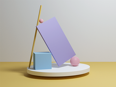 3D geometric scene 3d blender cube cycles render cylinder geometry lighting minimalistic pastel purple scene sphere spotlight yellow