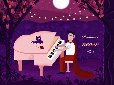 Neither do vampires... bat character flat art flat design illustration love night piano procreate purple romance trees vampire