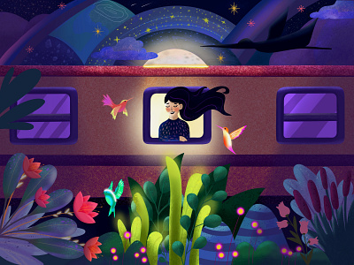 Girl on the train character flat art flat design flowers girl illustration night procreate summer train travel