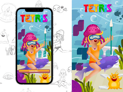 Tetris blocks character cocept art fish flat design game illustration procreate tetris underwater