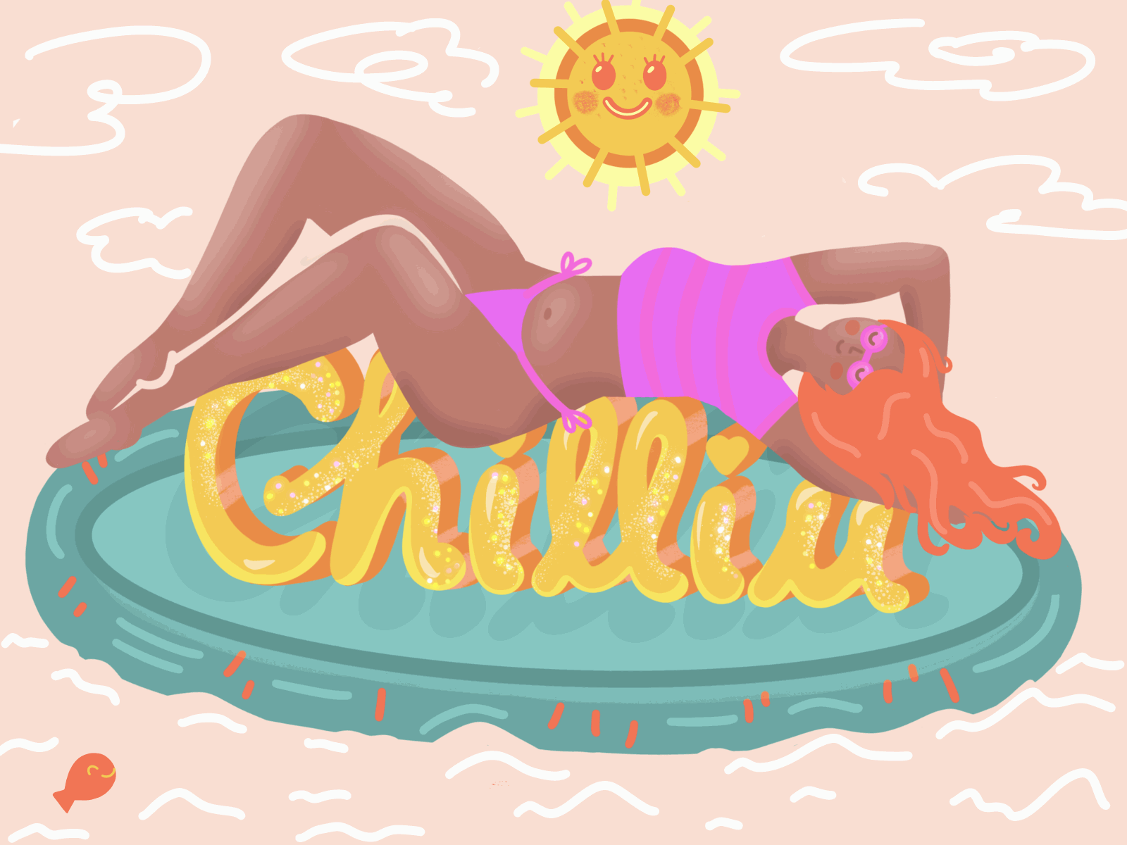Chillin’ on a summer day 2d animation animation character chilling clouds fish flat art flat design floating gif girl illustration procreate sea seaside summer