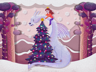 The Neverending story 2d art character children book children illustration christmas christmas tree decorating christmas tree decorations dragon flat art flat design illustration new year procreate snow snow dragon winter illustration