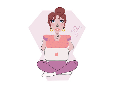 Girl working on laptop character fashion flat design girl illustration pink portrait