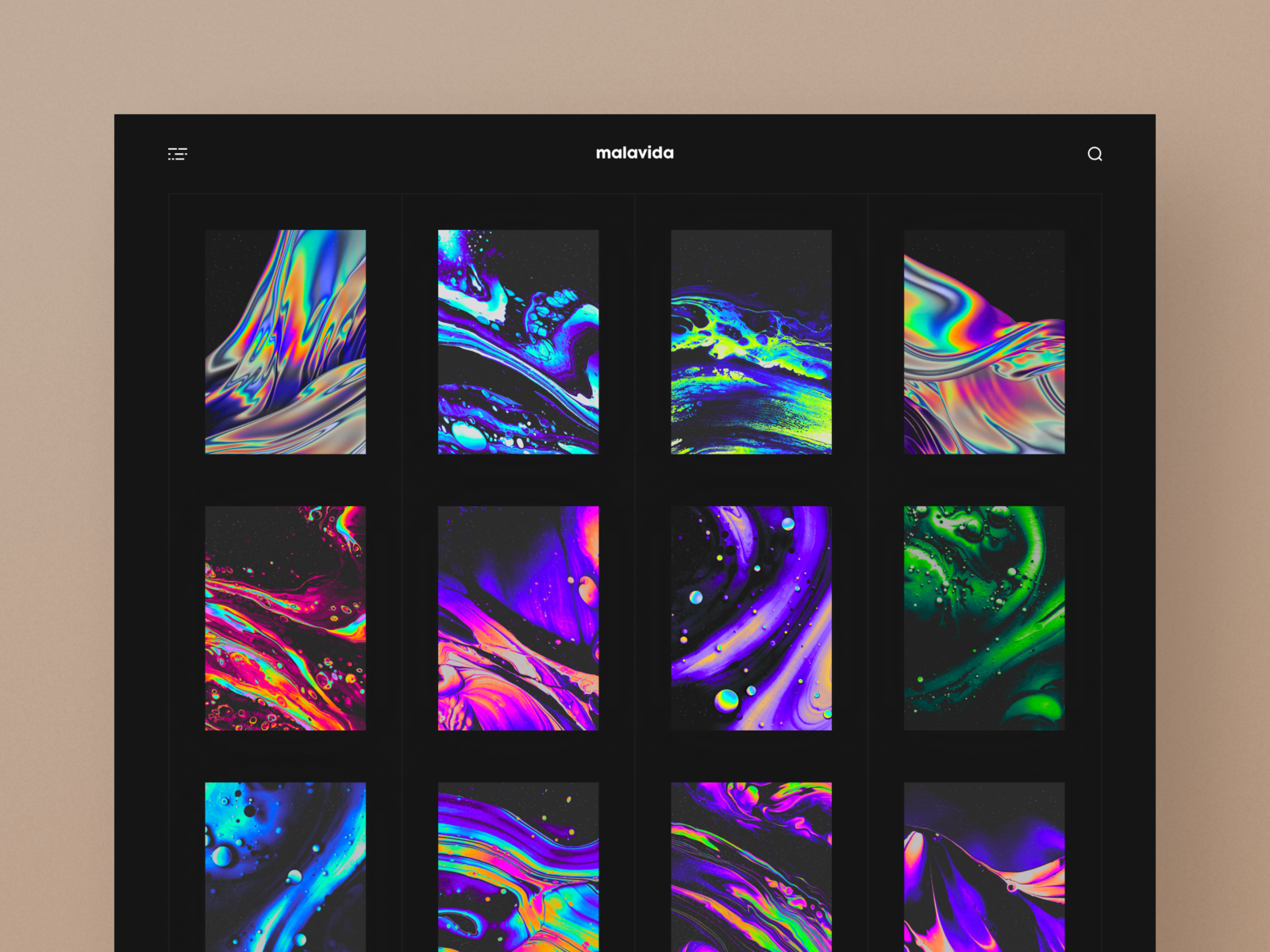 Products Page of Digital Artist's Website abstract artist artwork cards clean dark digital gradient grid holographic liquid minimalism products products page psychedelic space ui ux