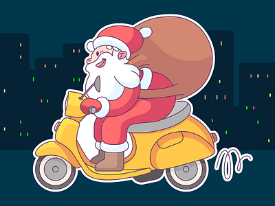 Happy hlds! character happy holiday illustration merry christmas new year present santa claus scooter sticker vector xmas