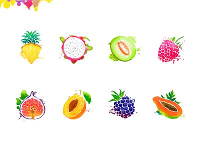 Fruits & berries. (reloaded) berry bright color colorful design food fruit fruits icons illustration juicy painting set splash tasty vector