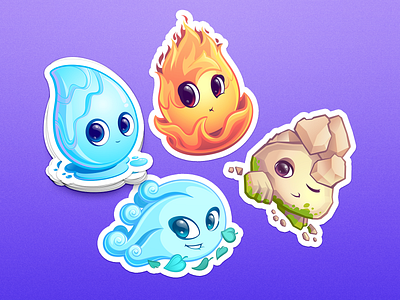 4 elements characters. air cartoon character cute design earth elements fire icon illustration set sticker stone vector
