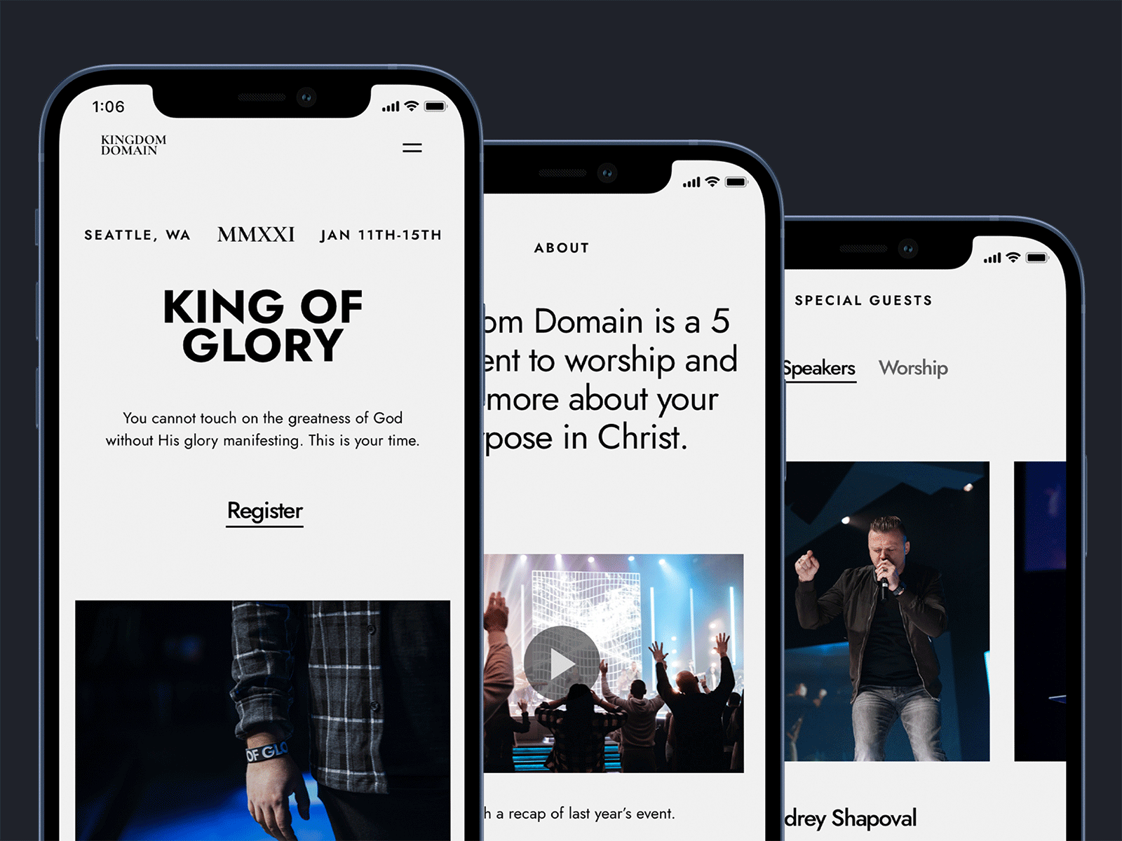 Church Conference Mobile Website app black branding christian church concert conference event ios jesus minimal minimalistic ministry ui ux white worship