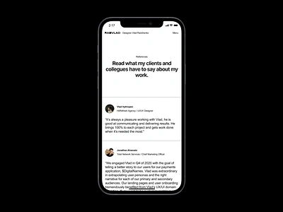 Mobile Personal Portfolio Site - Testimonials / Reviews / Rating app client design designer freelance grid ios layout minimal minimal app personal portfolio rating ratings review reviews testimonial ui ux white