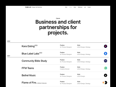 Personal Portfolio - Clients agency brands case study freelance grid landing page layout list logos minimal personal portfolio sponser studio typography ui web design web page webflow whitespace