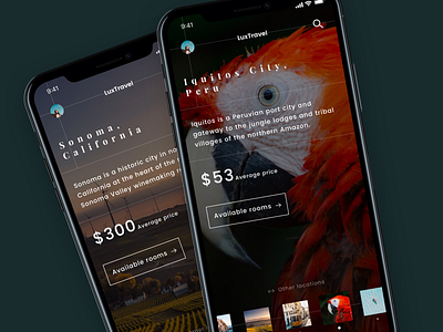LuxTravel app design gradient graphic images ios locations mobile ui ux vacation