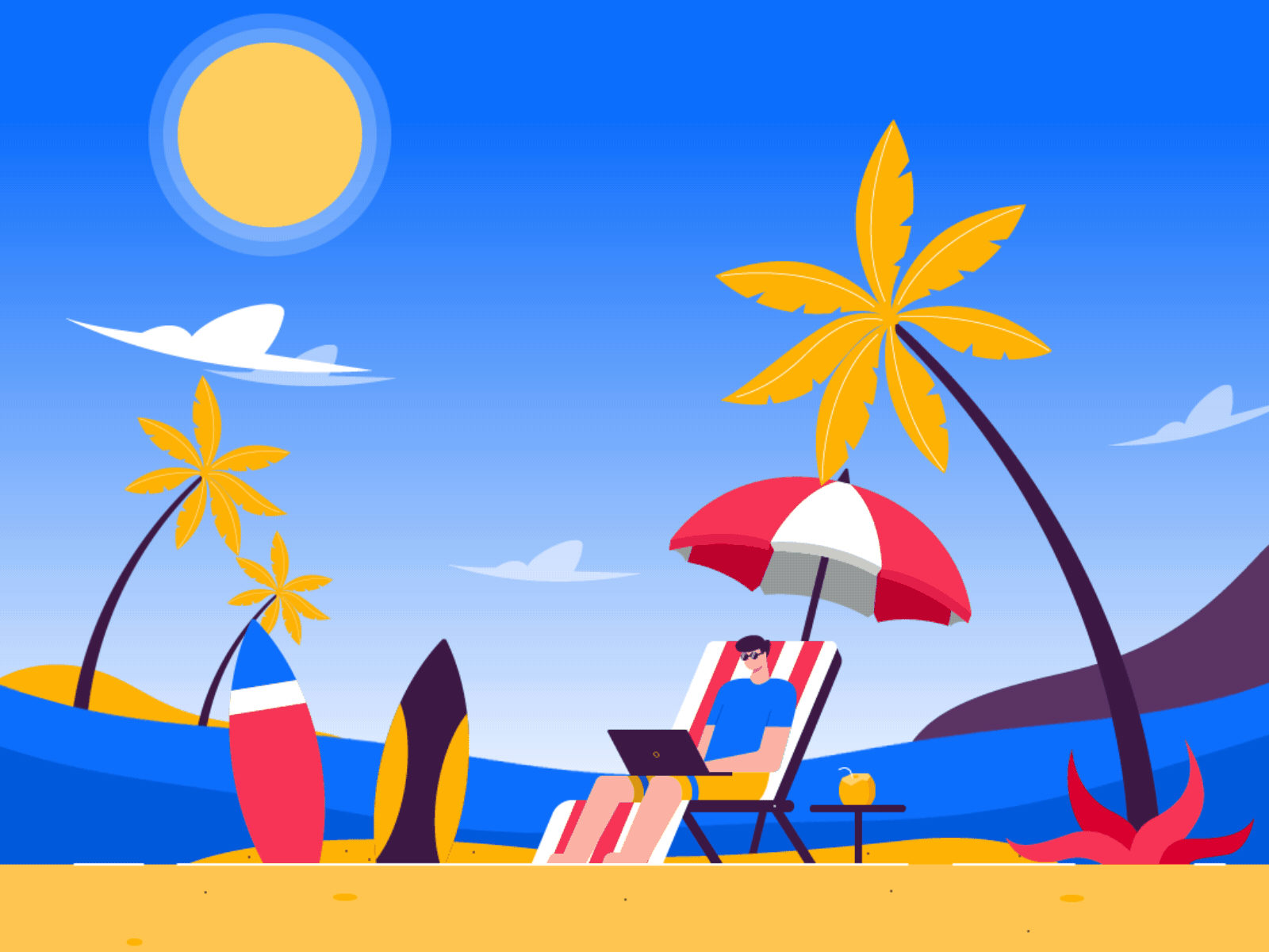 Laptop Lifestyle 2d animation beach chill dribbble flat design guy illustration inspirations laptop lifestyle motion graphics shot vector work