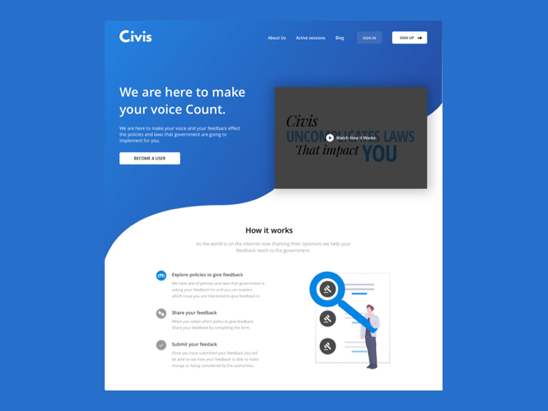 Civis Landing Page clean color design government illustration sketch app ui views voice website