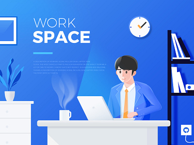 Working Scenario Illustration blue clock desk illustration laptop suit work